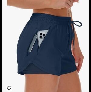 MANCREDA Women's Running Shorts with Liner 3 Zipper Pockets Worout NAVY BLUE